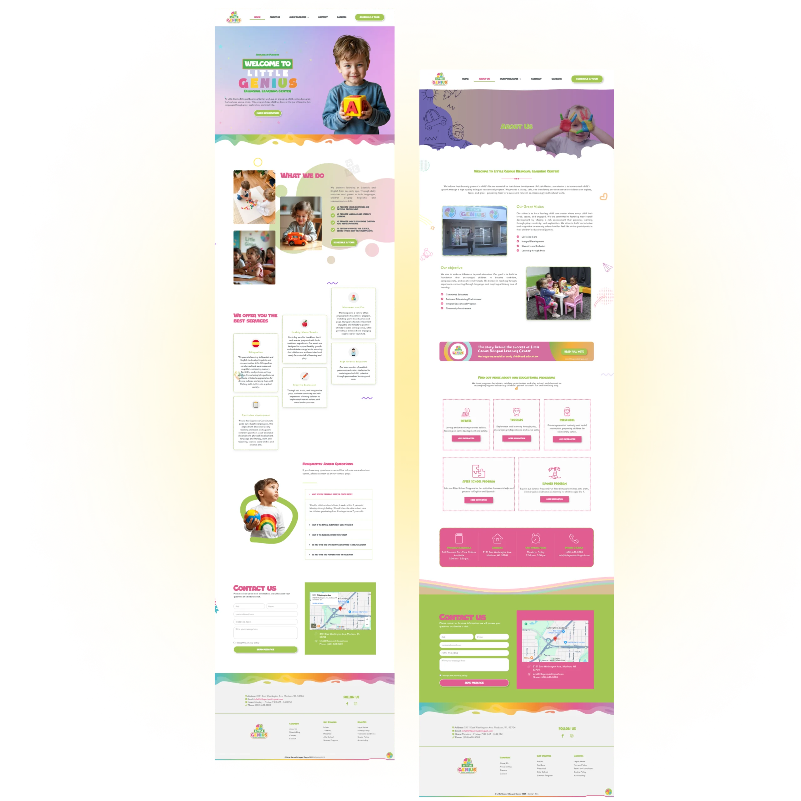 Estructura de landing page educativa, mostrando secciones de servicios, testimonios y pie de página colorido.