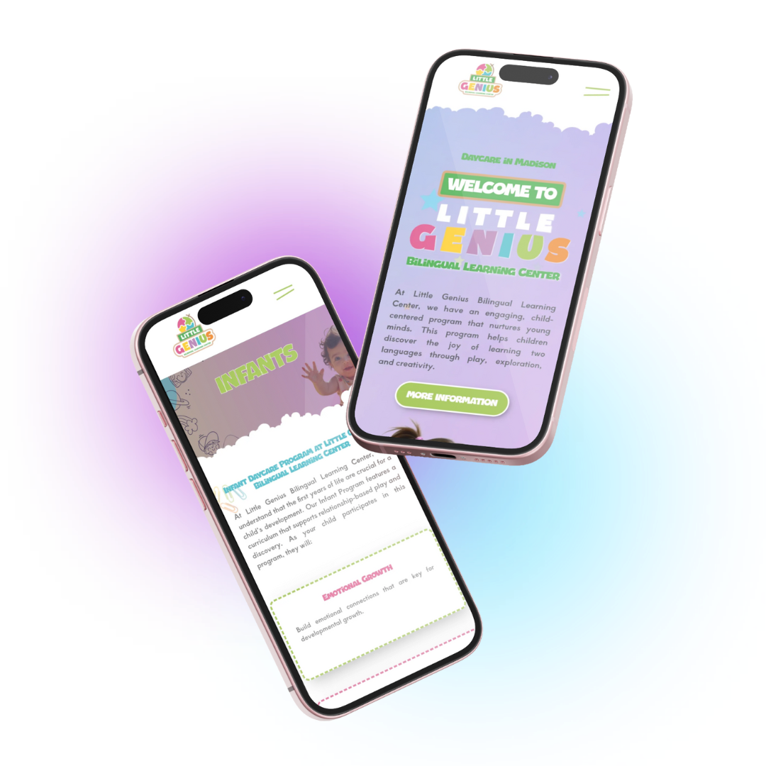 Diseño web móvil para guardería Little Genius, mostrando interfaz colorida y botones de llamada a la acción claros para los padres