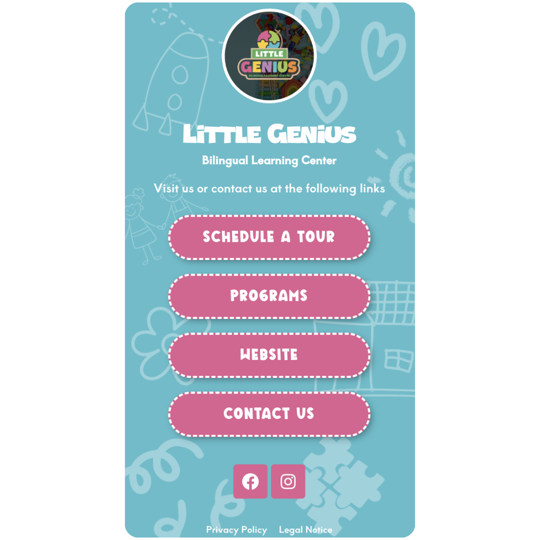 Diseño personalizado de página de enlaces para Instagram (Link in Bio) para Little Genius, con botones de acceso rápido a matrículas y contacto
