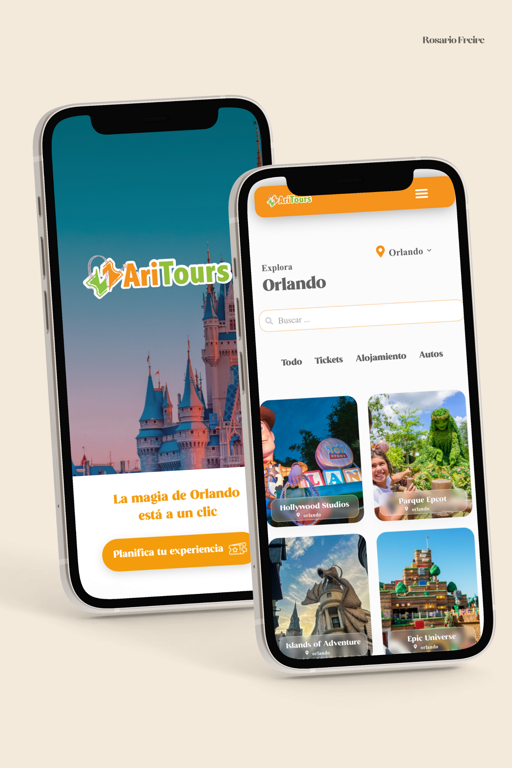 Diseño web móvil en iPhone para agencia de viajes Aritours - Interfaz de usuario optimizada para reservas Disney y navegación táctil