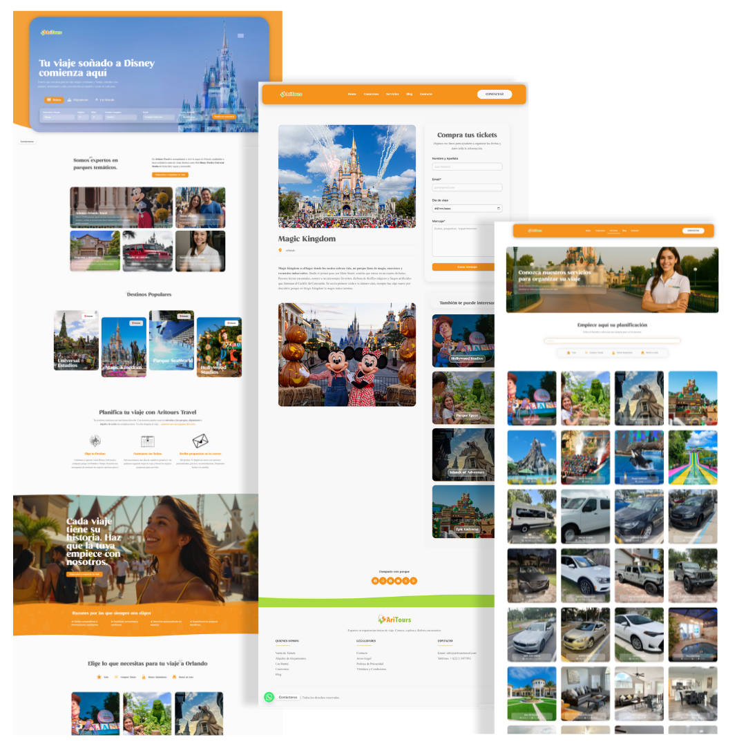 Muestra de diseño web responsivo en escritorio y móvil para agencia de turismo, destacando la estructura visual de parques temáticos y adaptación a dispositivos